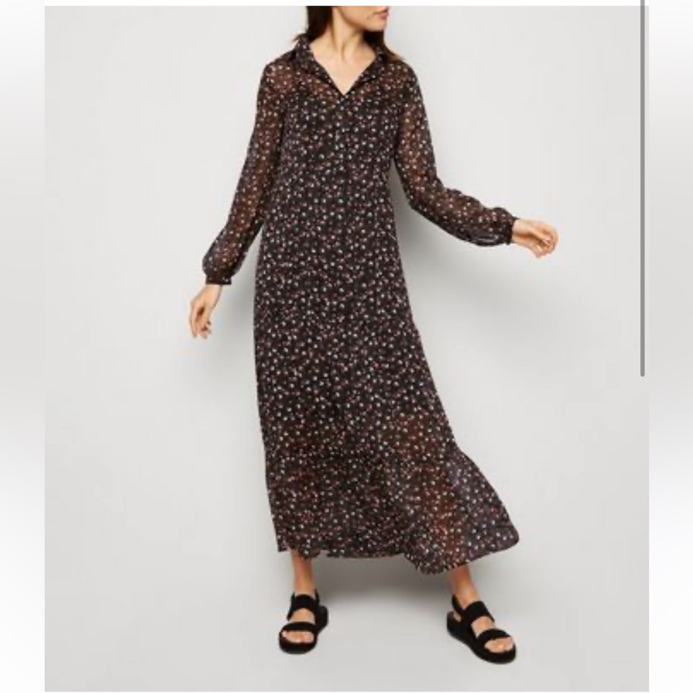 311 New Look Black Floral Chiffon MIidi dress size 14